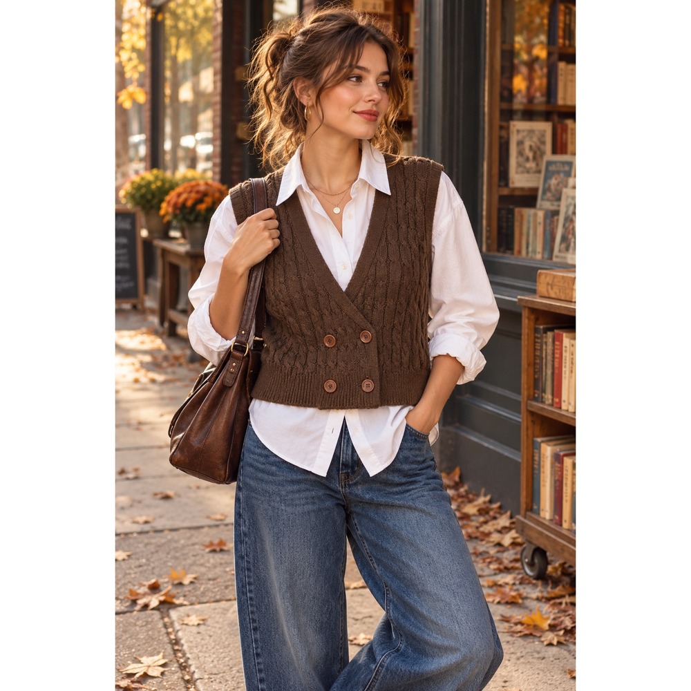 VTG 90s Leslie Fay L Brown Cable Knit Sweater Vest Grandpacore Academia Layering